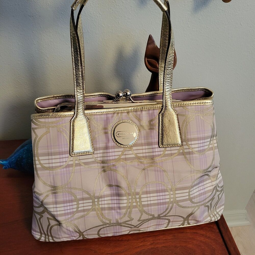 Coach Pink Plaid Tote with Gold Trim